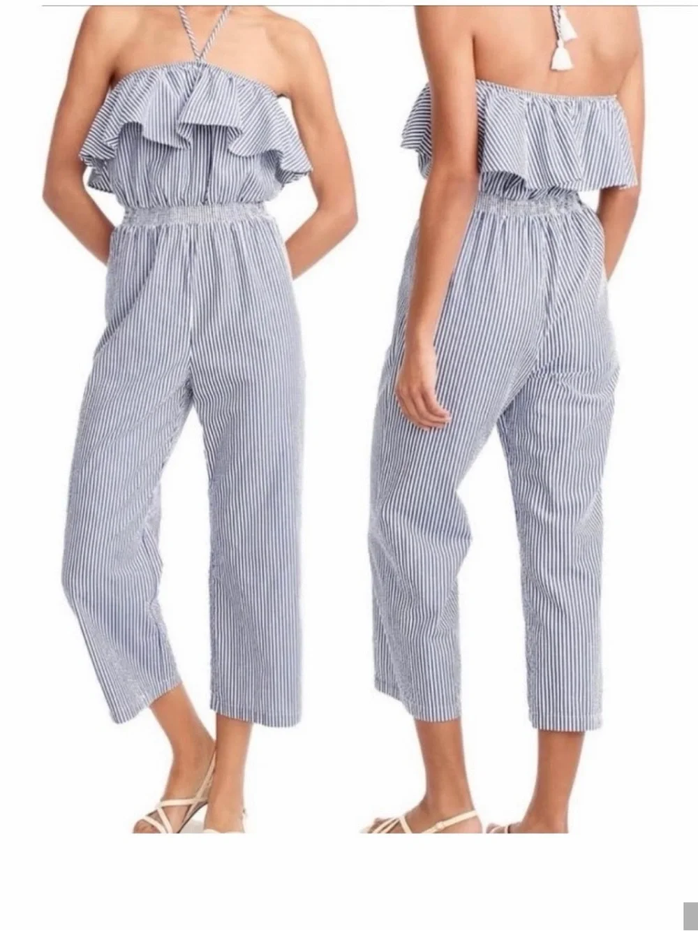 J. Crew Blue and White Striped Seersucker Strapless Jumpsuit nautical classic